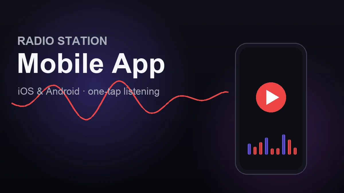 A radio station mobile app on iPhone and Android showing the live player